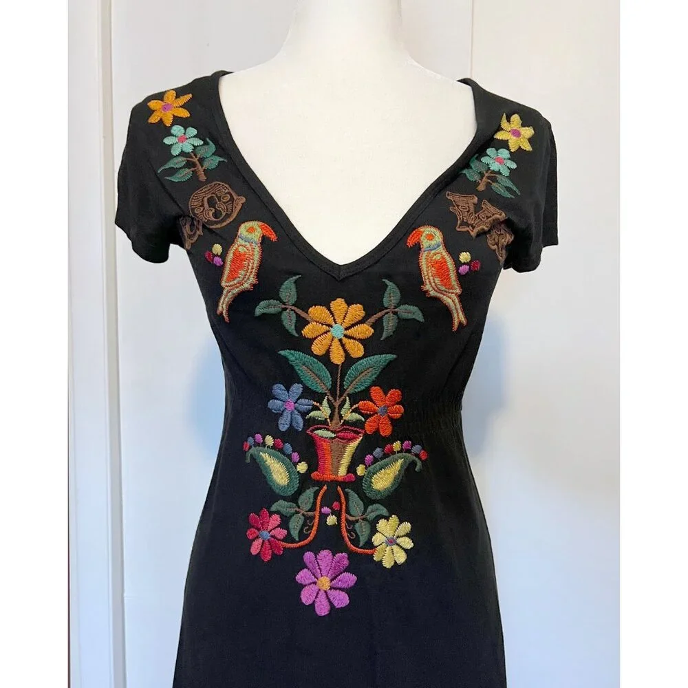 Johnny Was LA JWLA Black Knit Dress with Floral Embroidered LOVE Birds - Picture 3 of 10